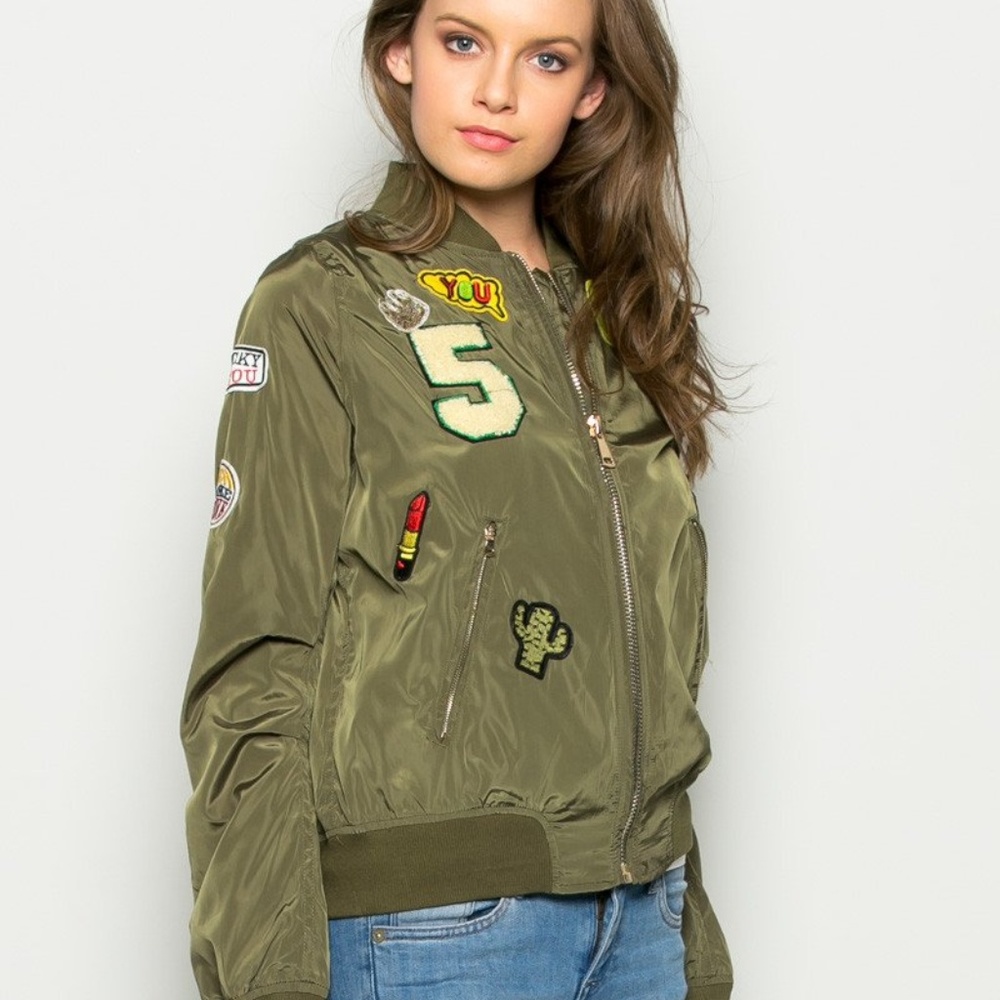 Olive Green #5 big logo patch bomber jacket Coat‎ - Picture 2 of 8
